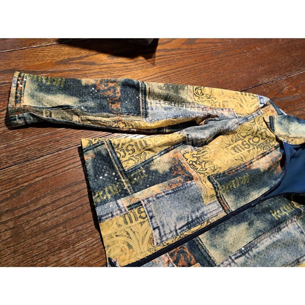 Size 8 Joseph Ribkoff Long Sleeve Zip Faux Denim Shirt Jacket Blue Yellow Orange - Picture 4 of 8